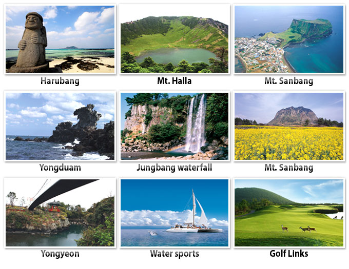 A collage of Jeju Island attractions including Harubang, Hallasan and Jeongbang waterfall